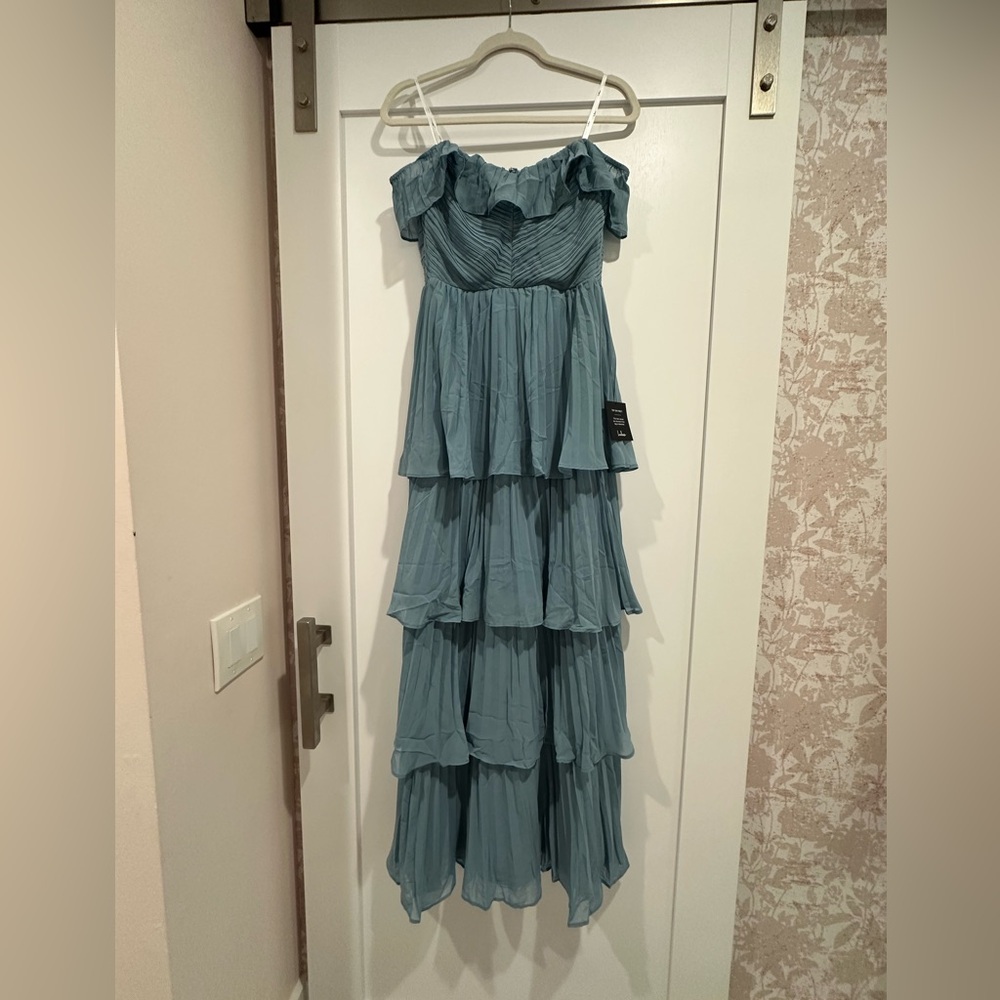 Always Remarkable Slate Blue Pleated Off-the-Shoulder Maxi Dress